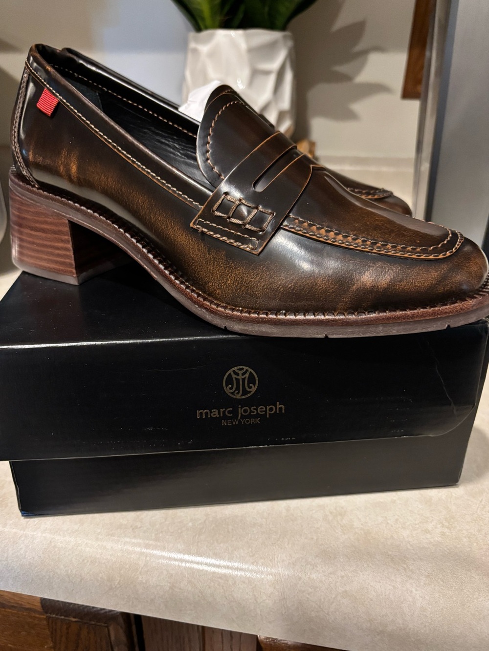 New Marc Joseph NY Cognac Leather Heeled Penny Loafers